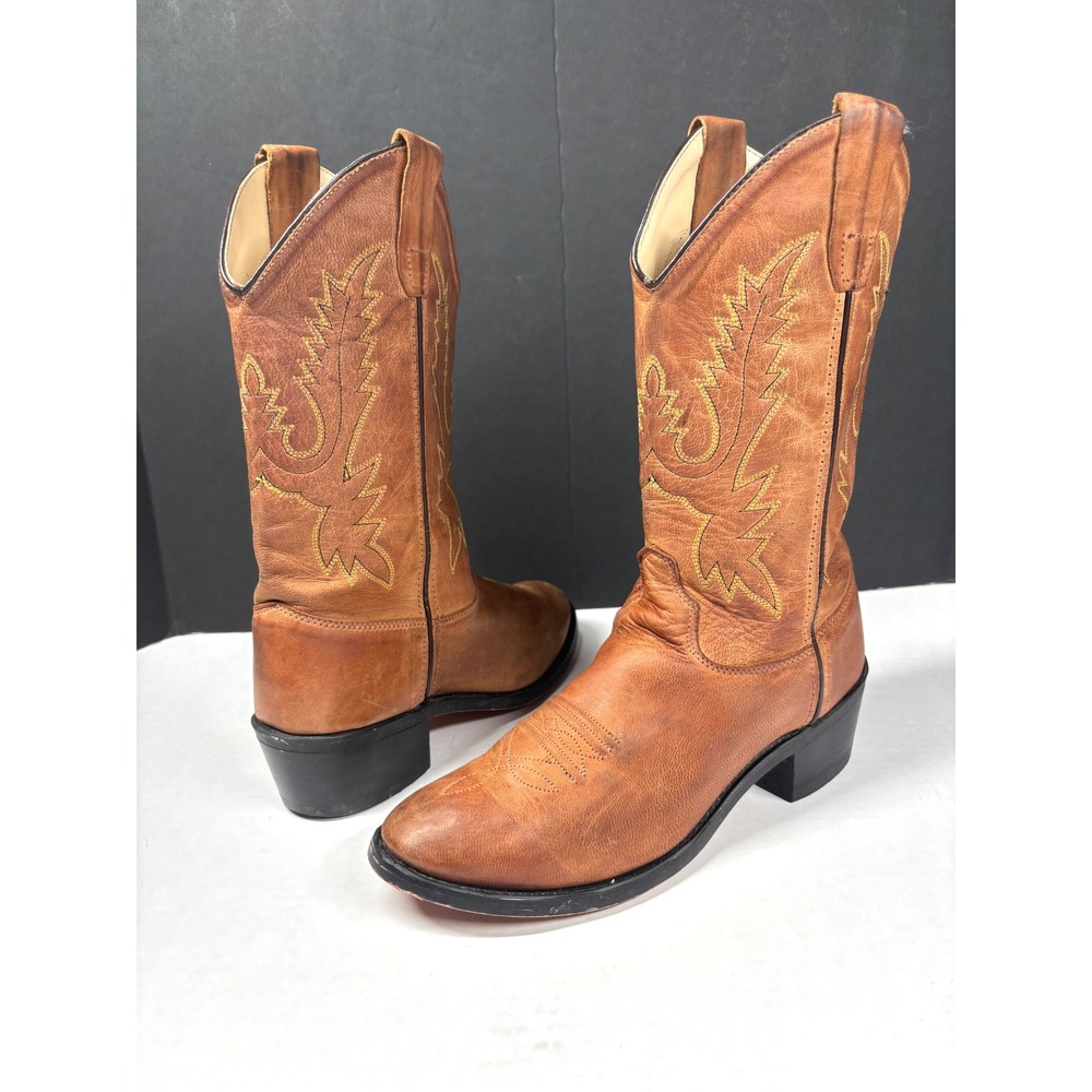 Old West Womens 6 Tan Leather Western Cowgirl Boots Classic Rodeo Round Toe - Picture 1 of 8